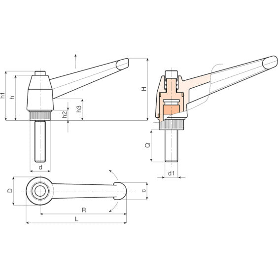 Indexed Clamping Lever With Button & Threaded Stainless Steel Stud (A563CIN) by Boteco