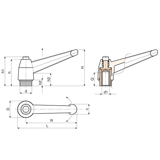 121mm x M10 Indexed Clamping Lever with Plastic Push Bottom and Threaded Insert A562 Series A562104.TM1001 by Boteco