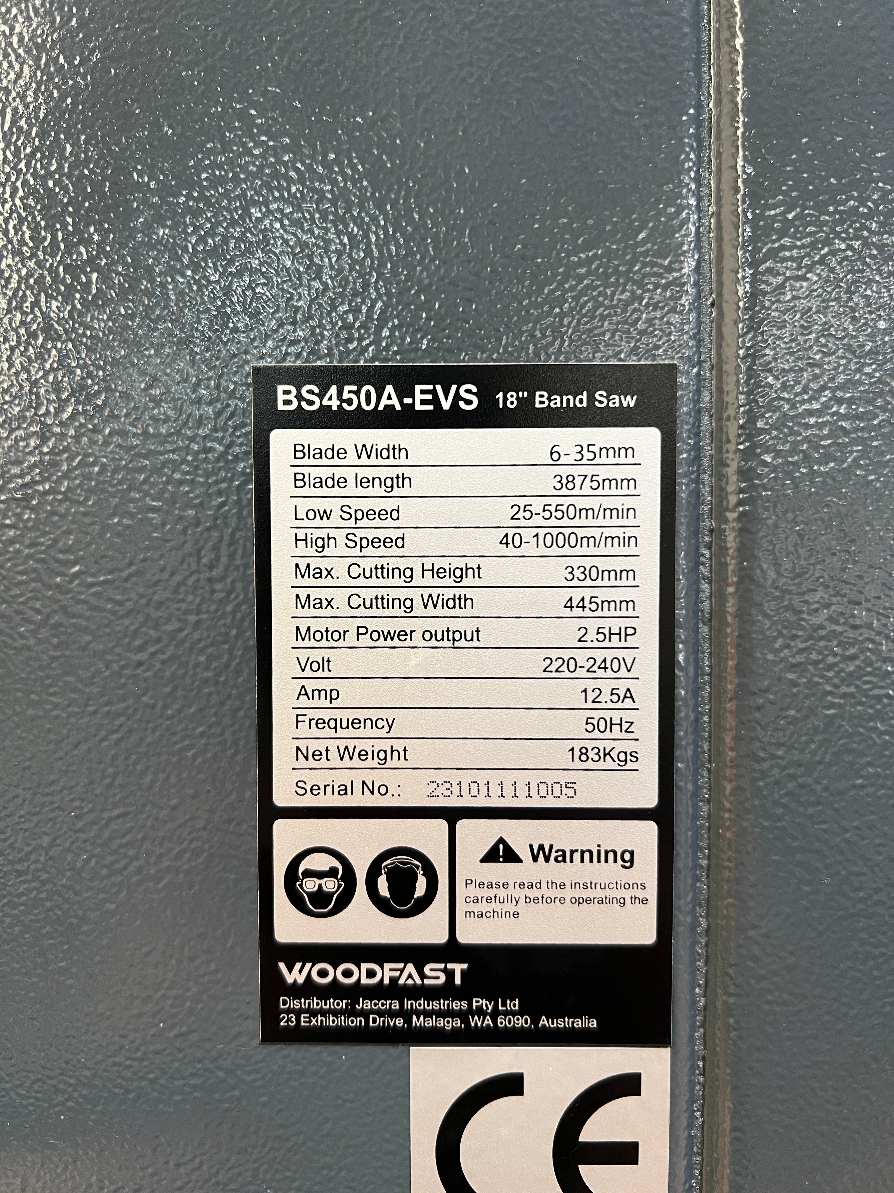 Woodfast 450mm (18") Deluxe Wood / Metal Bandsaw with Electronic Variable Speed 2.5HP 240V BS450A-EVS