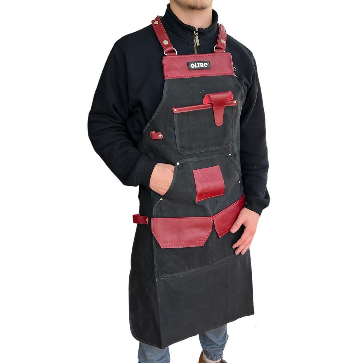 Black Canvas With Red Leather Apron By Oltre
