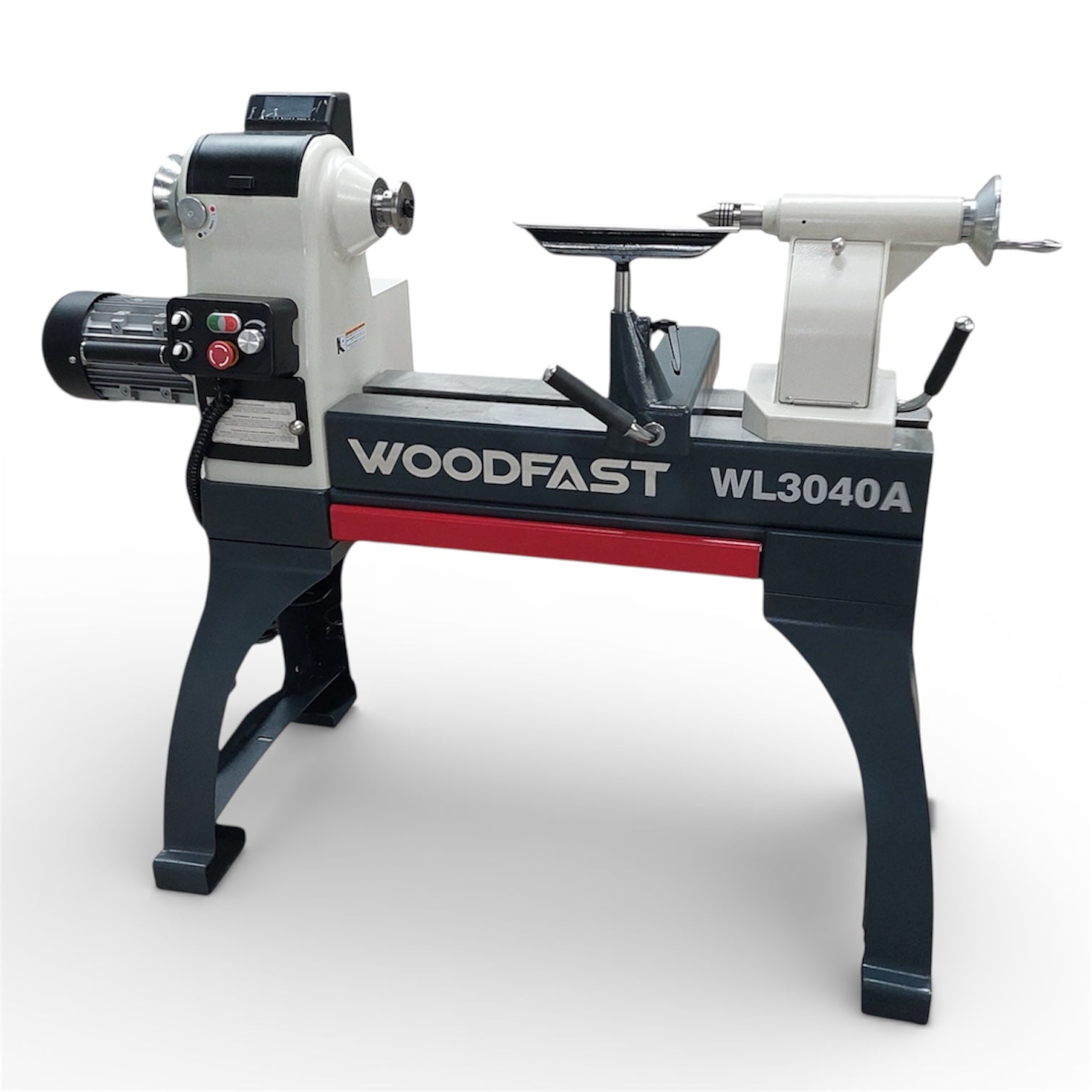 Woodworking lathe with 'Woodfast' branding on a white background