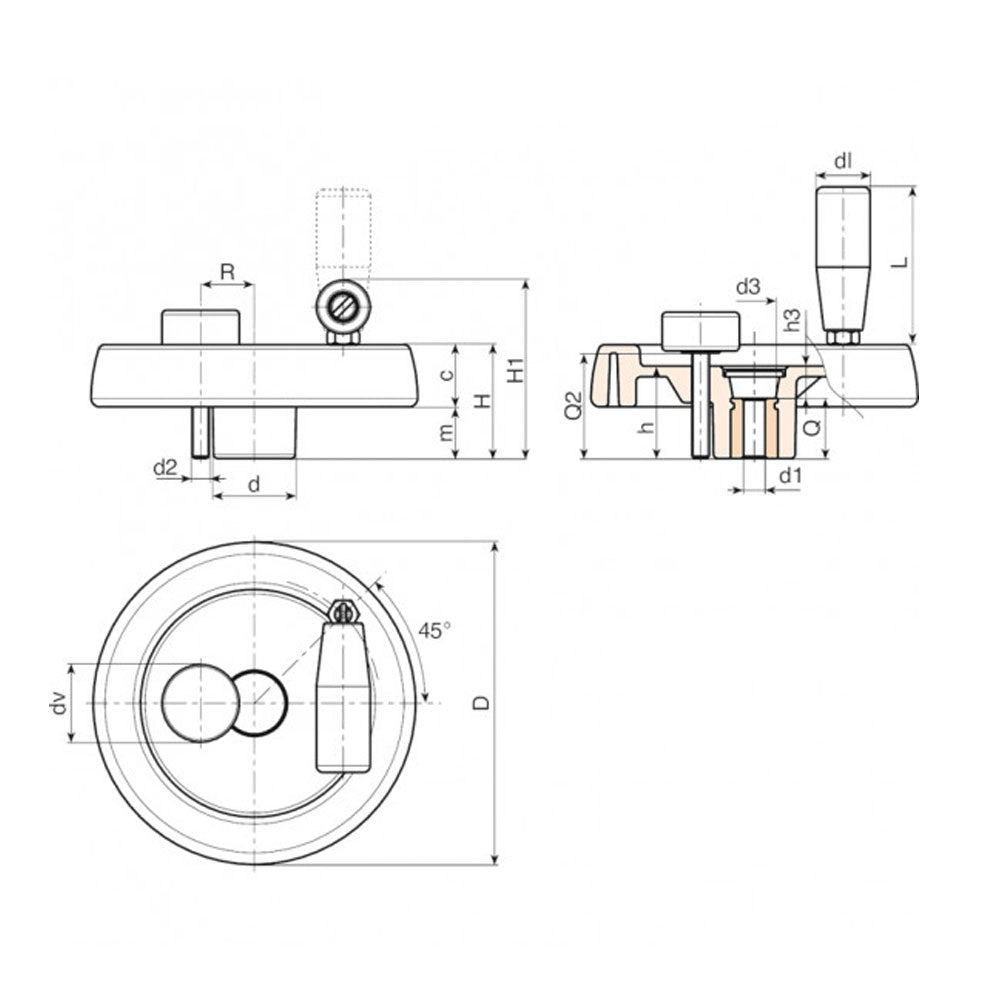 100mm Solid Control Handwheel with Revolving / Folding Handle & Locking Knob C980100.TP0501P by Boteco