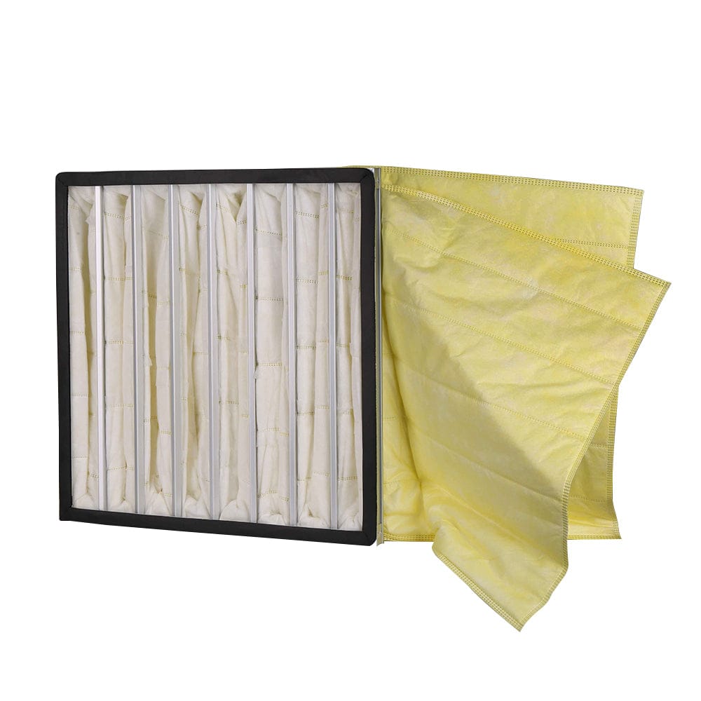 Air filter and pleated yellow filter on a white background