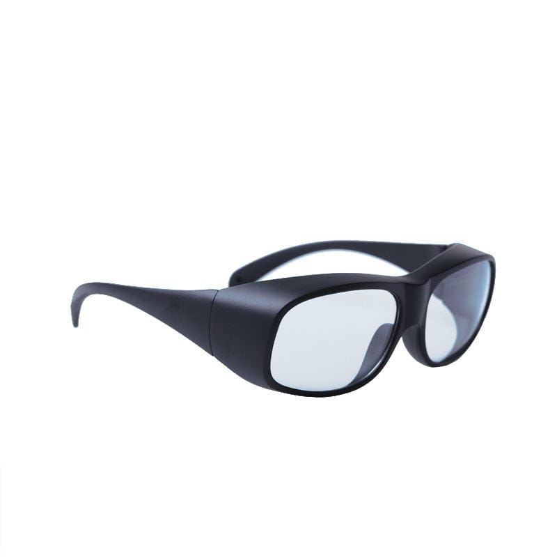 A pair of clear laser safety glasses with a black frame designed for protecting against laser light at wavelengths around 10600nm.
